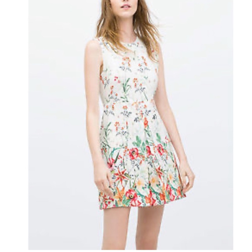 Zara Women Pleated Cream Floral Dress - Size S